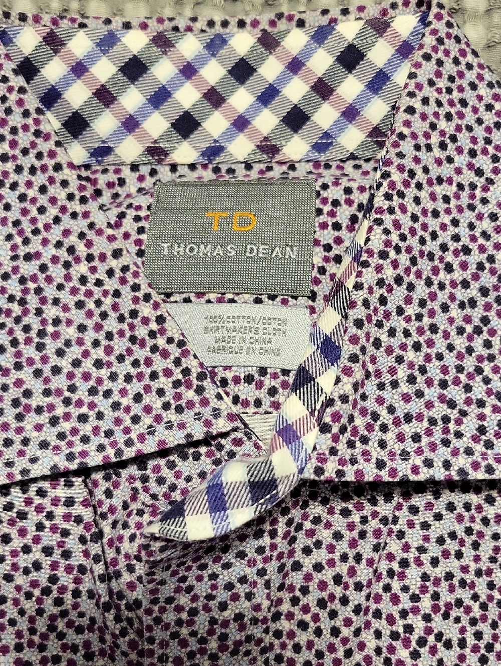 Thomas Dean Men's Purple Micro Dot Button-Down Shirt with Contrast Plaid Trim